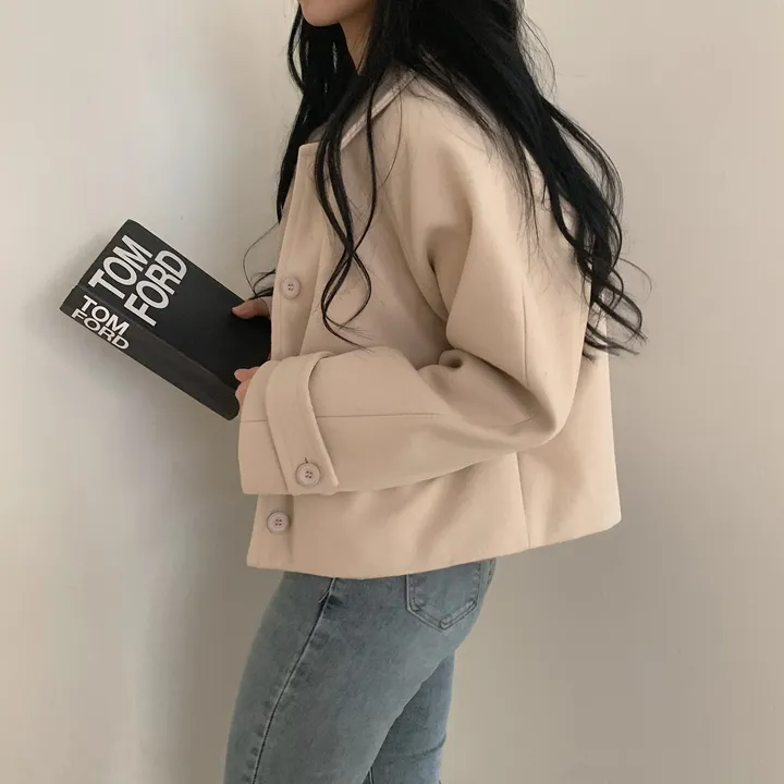 봄가을 크롭재킷 오버핏 아이보리 블랙 싱글버튼 숏코트 상세 이미지 36