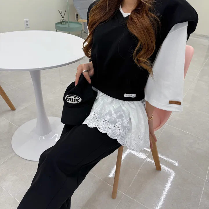[패드내장/조끼+와이드SET] 시보리 미치 패치 왕 패드 루즈핏 쭈리 브이넥 조끼 맨투맨 + 하이 밴딩 롱 와이드팬츠 트레이닝 투피스 세트 (3COLOR) 상세 이미지 21