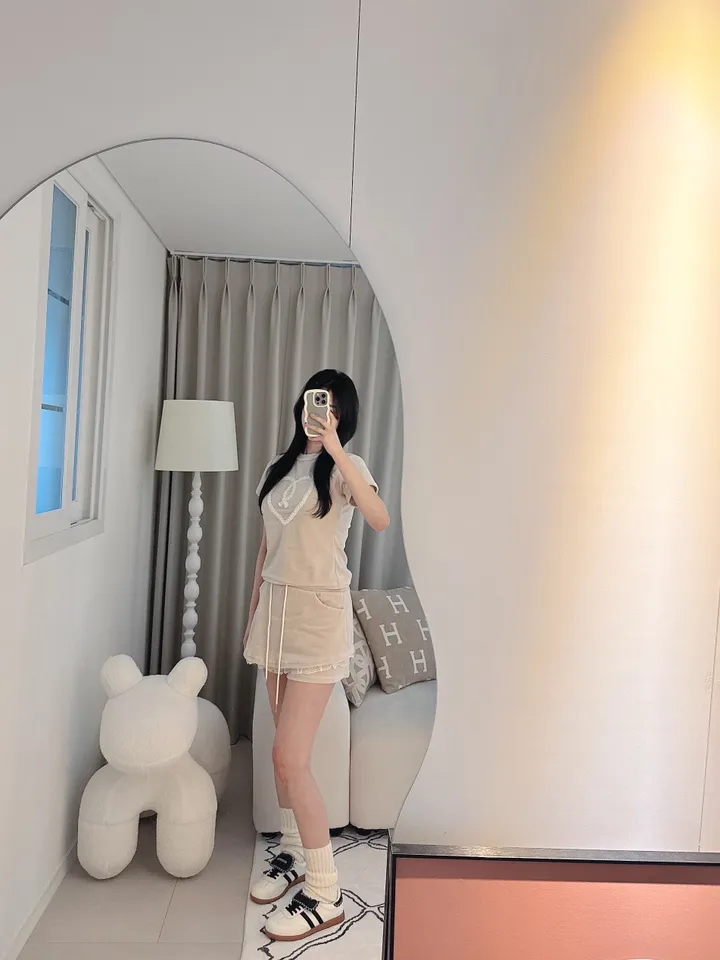 벨로아 피치 진주 하트 레이스 치마바지 투피스 세트 (2color) 상세 이미지 35
