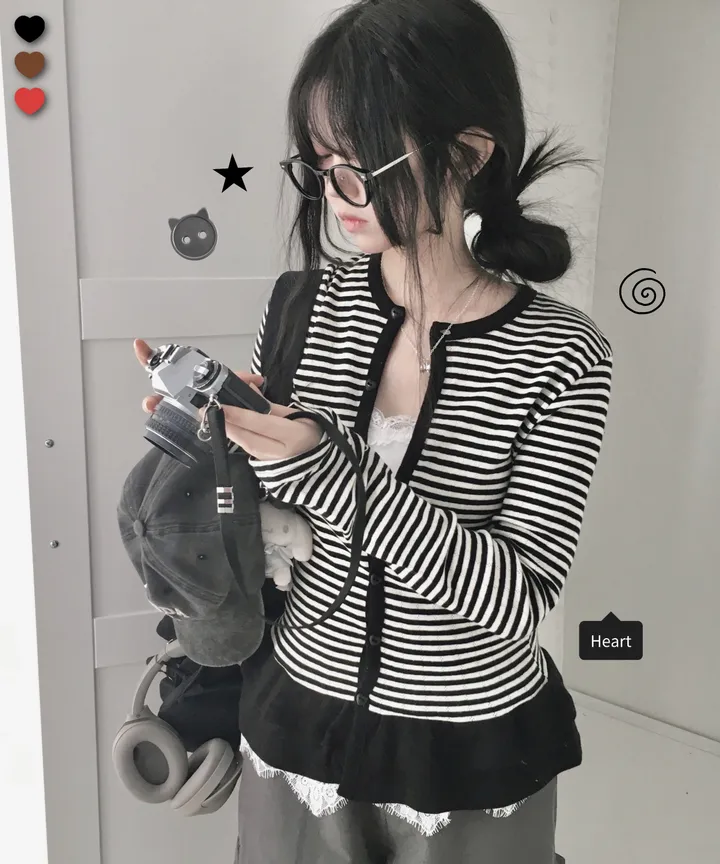 [하트단추🖤/스카시 펀칭] 말라핏 스트라이프 프릴 가디건 상세 이미지 1