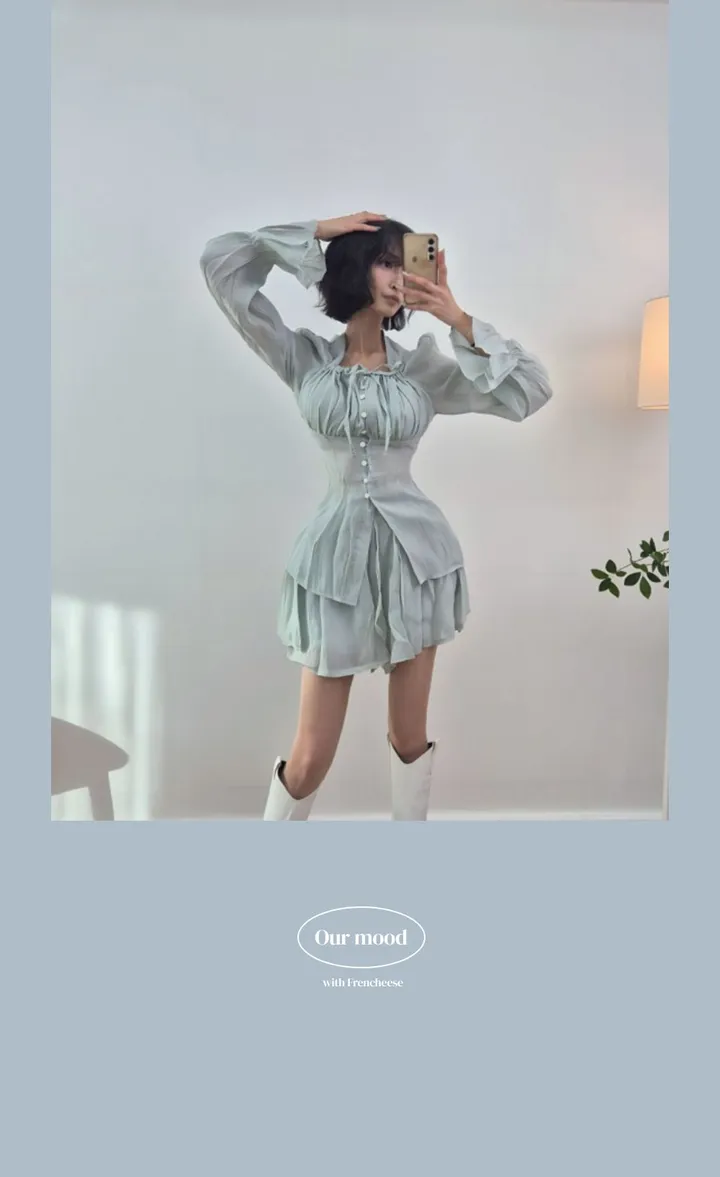 ✨허리잘록핏✨세트구성🖤[핏보장][하객룩추천][데이트룩코디] 시스루 블라우스&캉캉치마 투피스SET (3color) 상세 이미지 10