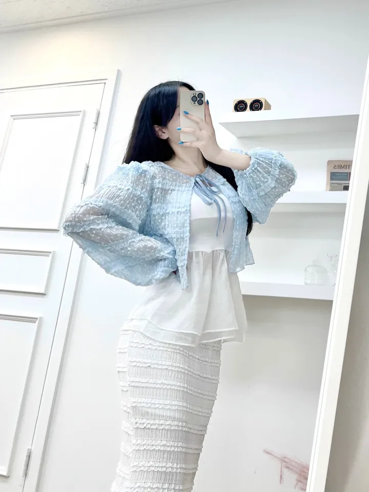 🩵공쥬핏+어깨패드O🩵쉬폰 퍼프 땡땡이 볼레로 가디건 (3COLOR) 시스루 프릴가디건 휴양지룩 여행룩 볼레로블라우스 상세 이미지 7