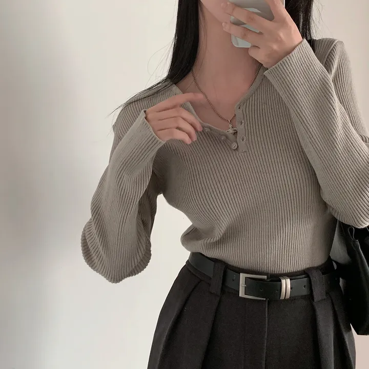 [4계절필수 디자인/연그레이 당일출고✨] 자체제작 #크치Made 젤리 버튼 트임 브이넥 골지 겨울 니트 긴팔티셔츠 - nt 상세 이미지 159