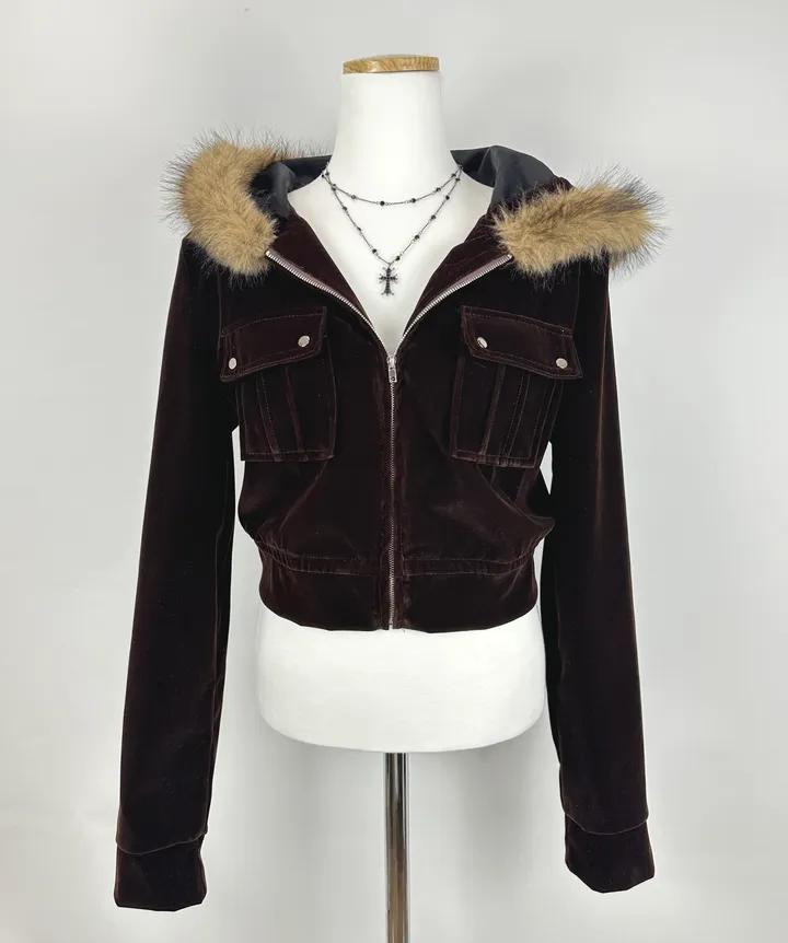 velvet fur hood  jacket- 벨벳 퍼 후드 자켓 2color (힙, 스트릿, 유니크, 크롭, y2k, 빈티지, 퍼, 집업, 후드집업) 상세 이미지 24