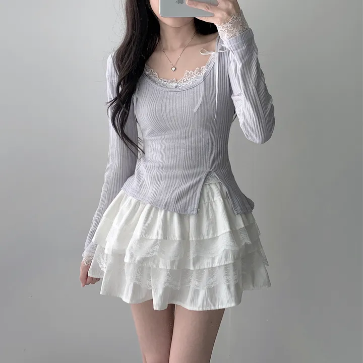 [은은한펄/러블리] 트윙클 골지 슬릿 펄 긴팔 티셔츠+레이스 리본 나시&슈아 밴딩 캉캉 미니 스커트 투피스 쓰리피스 코디세트 단품 세트 상세 이미지 3