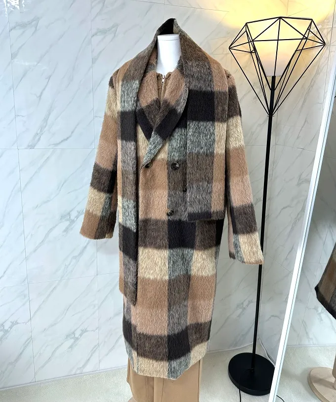 [고퀄리티/주문폭주🤎] 머플러세트 앙고라 퍼 체크 롱코트 드뮤어룩 데일리룩 꾸안꾸 퍼코트 상세 이미지 16