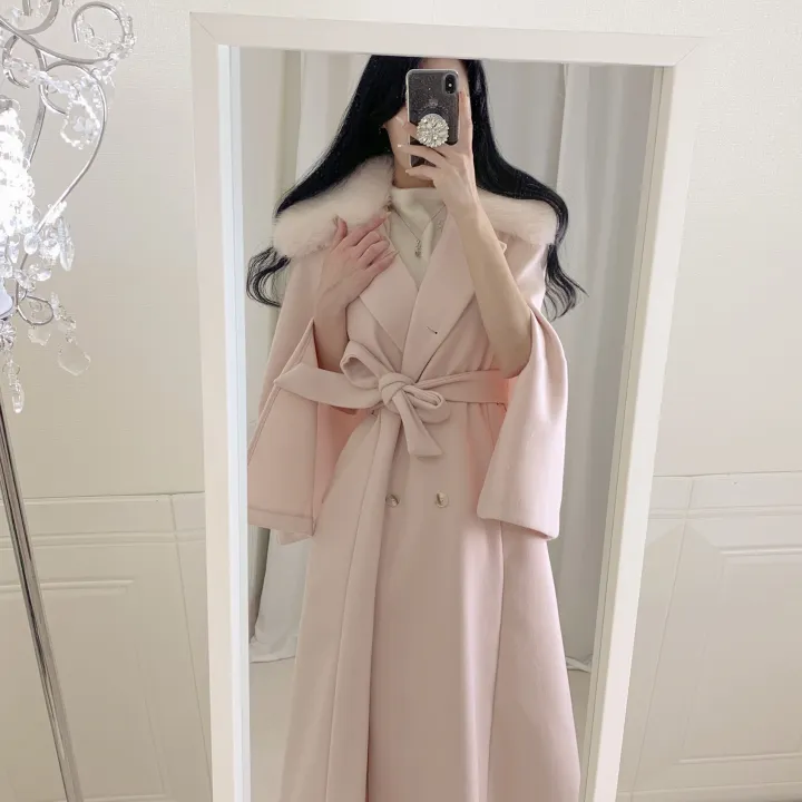 [롱케이프코트💗/고퀄보장✨] 롱VER. 알콩 울 캐시미어 폭스퍼 페이크퍼 밍크퍼 누빔안감 케이프 벨트 버튼 고급 우아 롱 판쵸 코트 망토 자켓 (4color) 연말룩 크리스마스 상세 이미지 10
