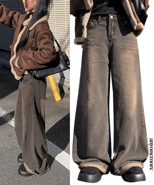 로쉐 브라운 워싱 와이드 데님 팬츠