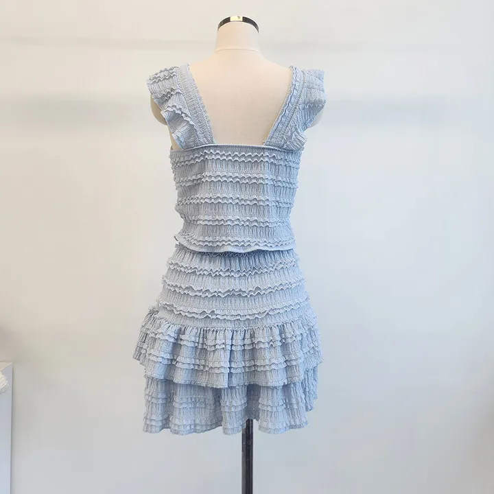 [당일발송] 4Color (캡내장)단추 펀칭 셔링 프릴 뷔스티에 크롭 나시 밴딩 미니 스커트 투피스 세트*2091 상세 이미지 18