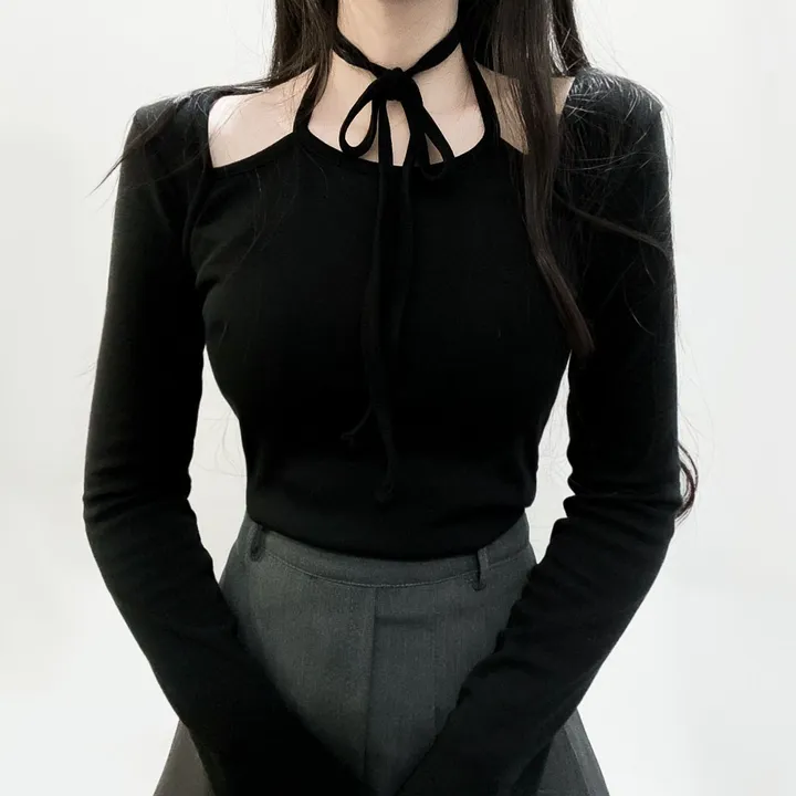봄신상🌺 [모델강추/3color] 홀터넥 리본 스트랩 어깨 트임 티셔츠 상세 이미지 7