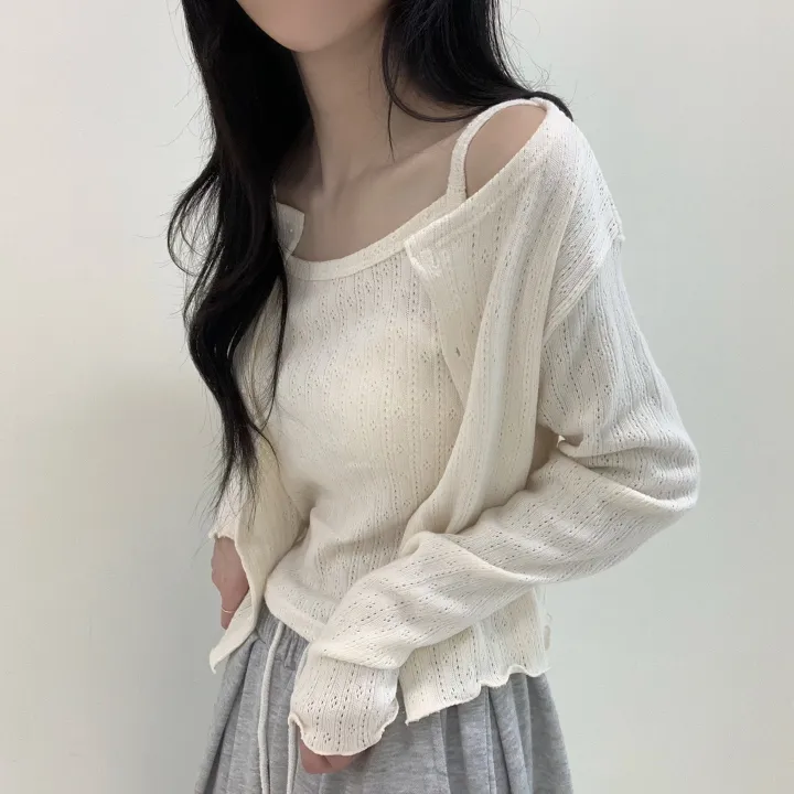 [나시+가디건set/여름까지] 여리여리 로맨틱 무드 펀칭 아일렛 세미크롭 투피스 세트 상세 이미지 12
