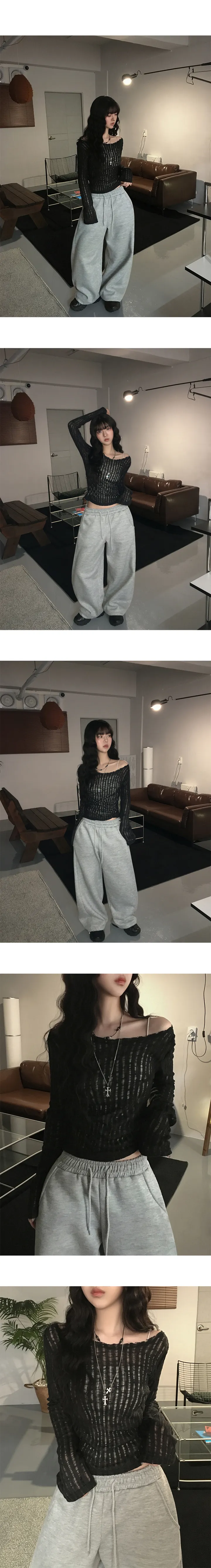 [넉넉슬림핏/살안타템🖤] 시오 데미지 시스루 보트넥 오프숄더 백리본 여름 긴팔 니트 티셔츠 4color 상세 이미지 7