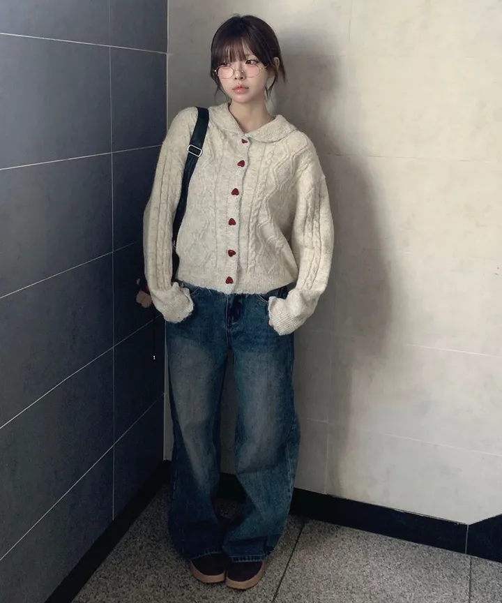 [MD추천✨러블리] 우토 하트 단추 카라 배색 니트 가디건 봄 가을 / 니트가디건 가디건 봄가디건 아우터 바람막이 청자켓 뮤잉 상세 이미지 32