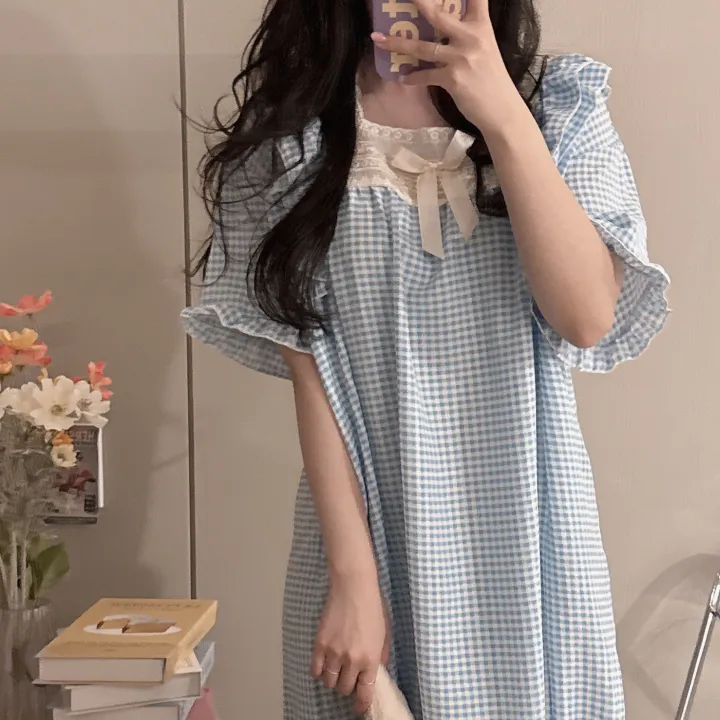 [당일출고/3컬러] 루즈핏 귀여운 스몰 체크 오버핏 반팔 원피스 파자마 잠옷_반팔ops_ver 상세 이미지 38