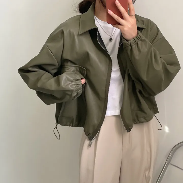 [투웨이/고퀄리티]레더 스트링 카라 크롭 라이더 숏자켓 3color 상세 이미지 52