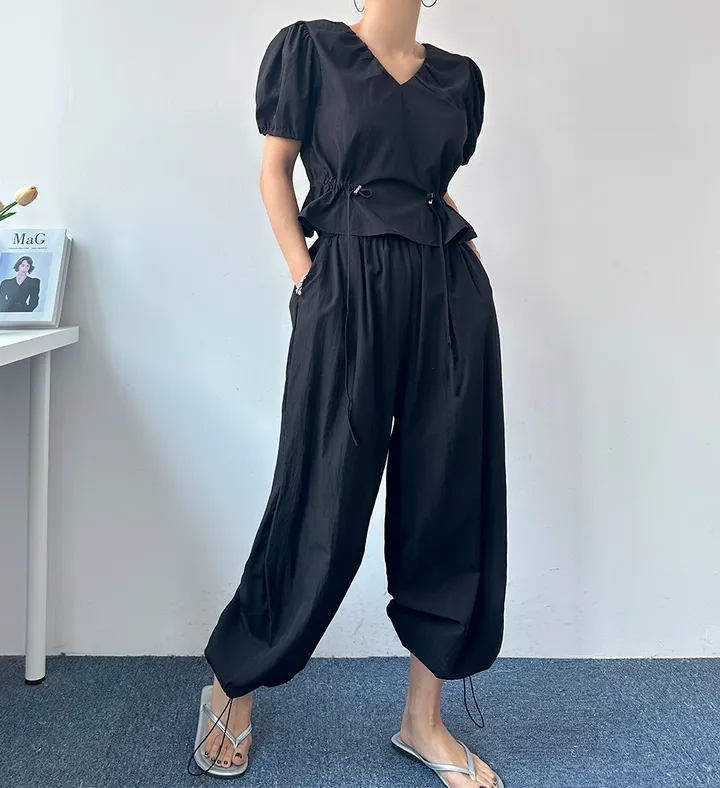[투웨이/구김걱정NO] 애니 브이넥 퍼프양스트링 블라우스 와이드팬츠 여름투피스 세트 상세 이미지 6