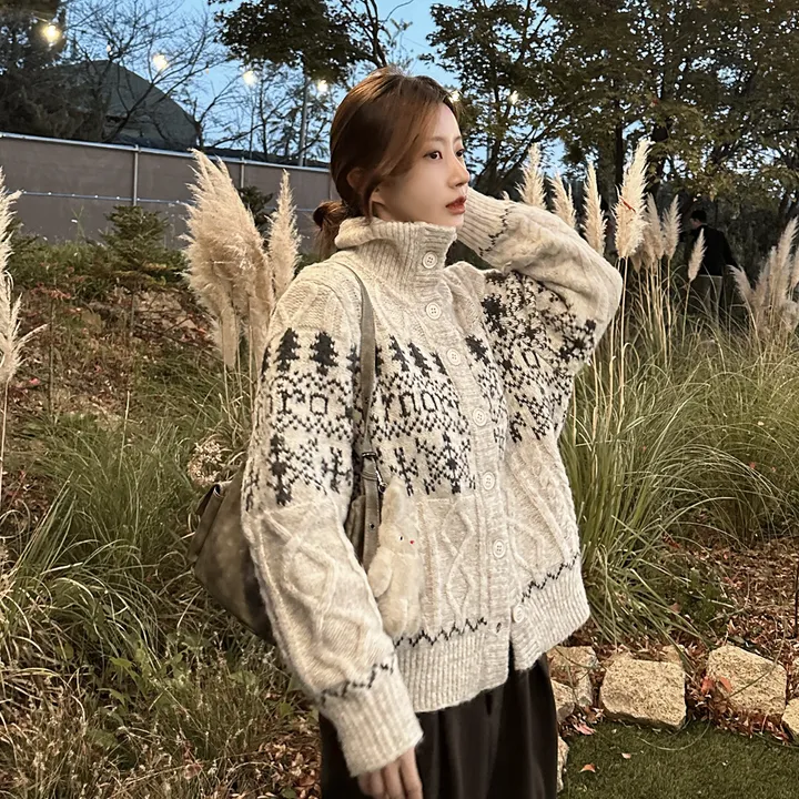 당일출고🚀[wool20%/두툼❄] 하이넥 스노우 패턴 노르딕 루즈핏 가디건 3color 상세 이미지 6