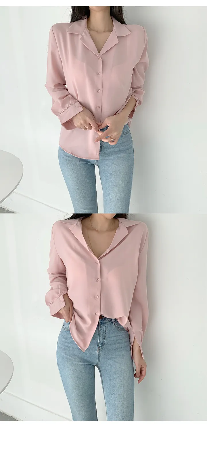 구김없는 오픈 카라 셔츠블라우스 55~L (10color) 상세 이미지 4