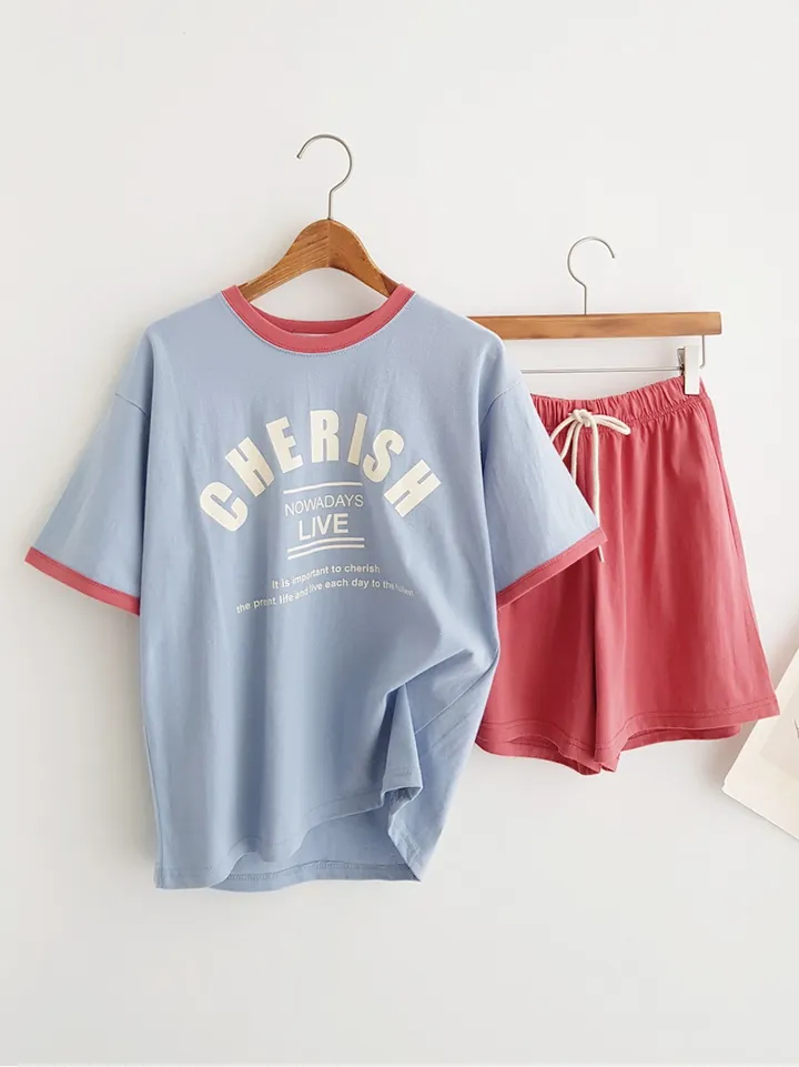 [데일리SET] 꾸안꾸 배색 포인트 레터링 프린트 반팔 티셔츠 밴딩 반바지 여름홈웨어 파자마세트 여름추리닝 트레이닝세트 여름휴가 바캉스룩 물놀이패션 휴양지룩 동남아여행룩 상세 이미지 4