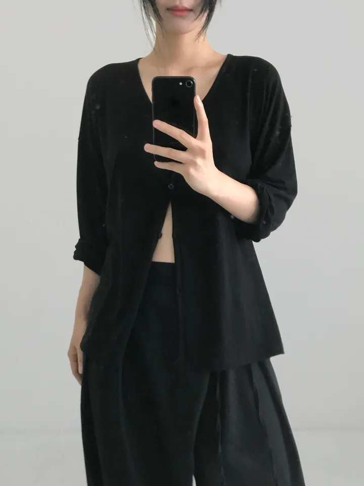 블랙 루즈핏 브이넥 가디건 상세 이미지 2