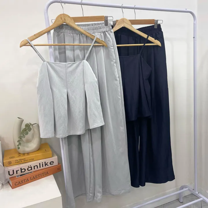 [봄여름/set]*무지* 프릴 뷔스티에 세트 나일론 레이온 프리사이즈 고급스러운 와이드롱팬츠 핀턱 밴딩 바지 드라이클리닝 끈나시 끈조절 데일리 기본 코코바지세트 2color 상세 이미지 12