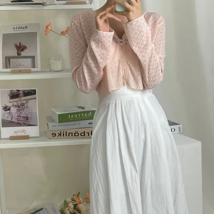[1+1할인/여리핏/비치웨어] 여름 시스루 펀칭 레이스 프릴 투버튼 브이넥 긴팔 숏 크롭 가디건 (4color) 상세 이미지 53