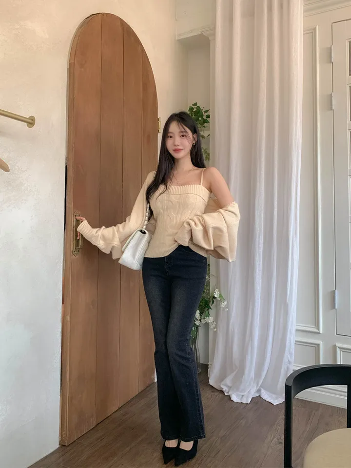 [찐애정템ㅠ고퀄버전*나시볼레로setෆ부유방삭제핏] 빈츠 꽈배기 끈나시 + 루즈핏 긴팔 볼레로 세트 니트 탑 나시 크롭 볼레로 가디건 스판 긴팔 투피스 세트 봄 가을 데일리룩 데이트 상세 이미지 18