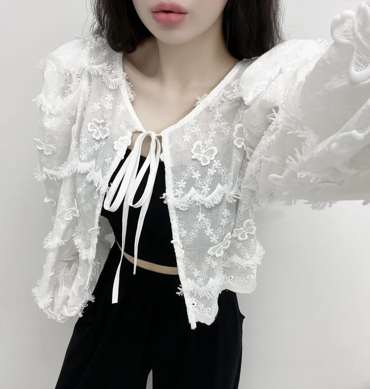 [빠른O/공주보장🦋어깨패드O] 나비 펀칭 빅퍼프 블라우스 볼레로 가디건 레이스가디건 커버업가디건 비치가디건 레이어드가디건 크롭가디건 리본가디건 여름 상세 이미지 2