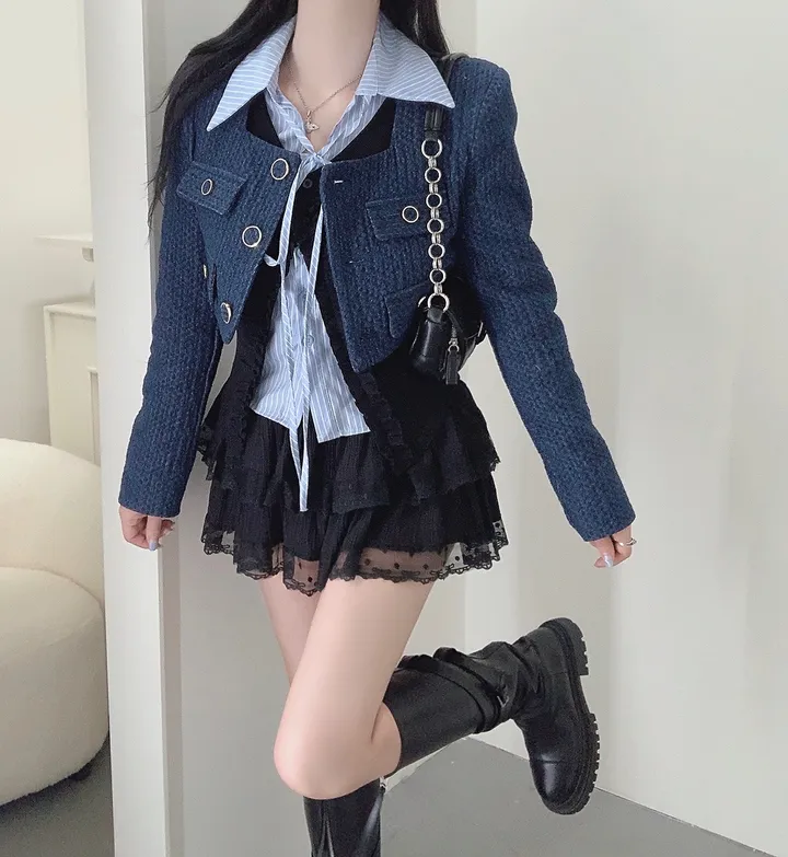 [3COLOR/셔츠일체형] 유닛 스트라이프 셔츠&프릴가디건 레이어드세트/버닝블루 상세 이미지 22