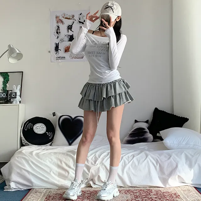 [날씬여리/3col] 해프닝 원숄더 레터링 시스루 긴팔 티셔츠 / 빈티지레터링 / 프린팅티셔츠 / 언발넥 / 오프숄더 / y2k / 트렌디 / 힙무드 / 군살커버 / 여리글램 상세 이미지 12