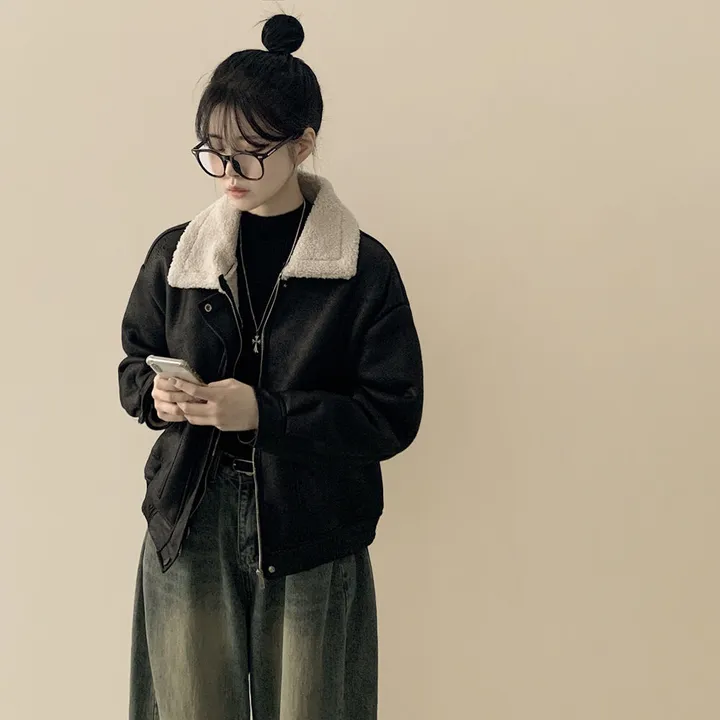 [양털안감] 스웨이드 무스탕 퍼카라 뽀글이 크롭자켓 점퍼 키작녀 추천 상세 이미지 24