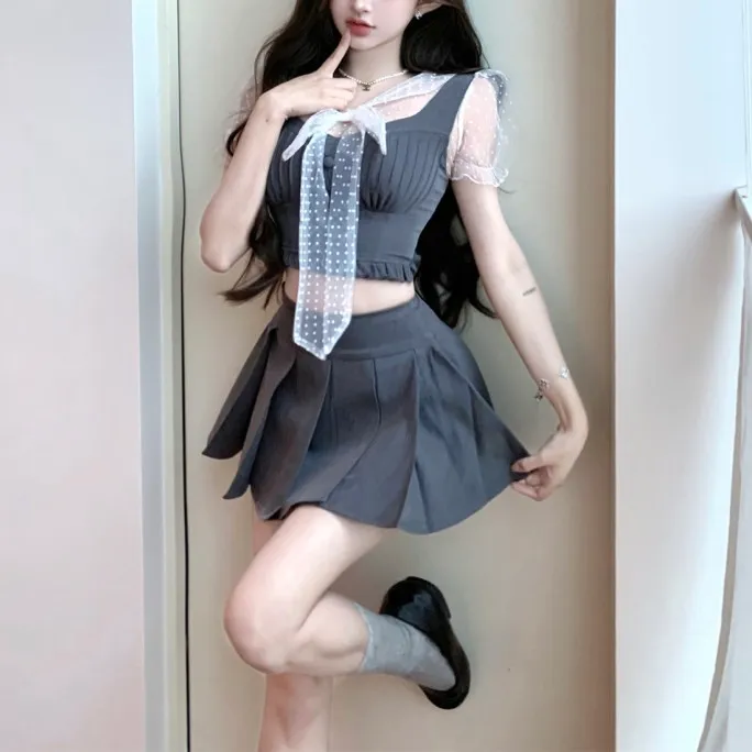 [쓰리피스SET] 도트 리본 시스루 블라우스 하이틴 테니스 뷔스티에 투피스 셋업 세트 상세 이미지 11