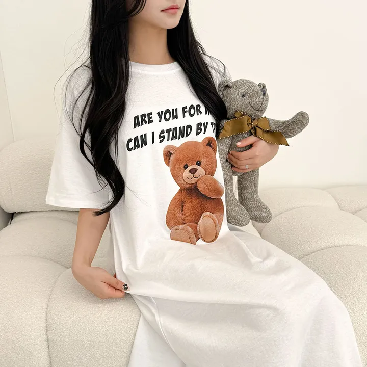 [국내/부드러운] 베어🐻 프린팅 반팔 롱 원피스 - 4color 상세 이미지 13