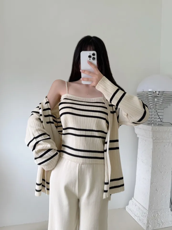 [3pcs]솔라 골지 단가라 스트라이프 쓰리피스 set (나시 가디건 밴딩 와이드 롱 팬츠 세트 데일리 꾸안꾸 코디 투피스 트레이닝 니트) 상세 이미지 5