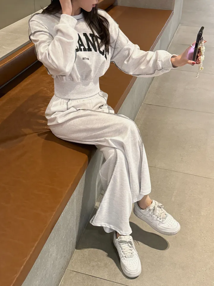 (F~2XL/부분당일발송/자체제작/주문폭주~)리노 맨투맨 팬츠 셋업 레터링 배색 리버스 스티치 트레이닝 투피스 세트 상세 이미지 25