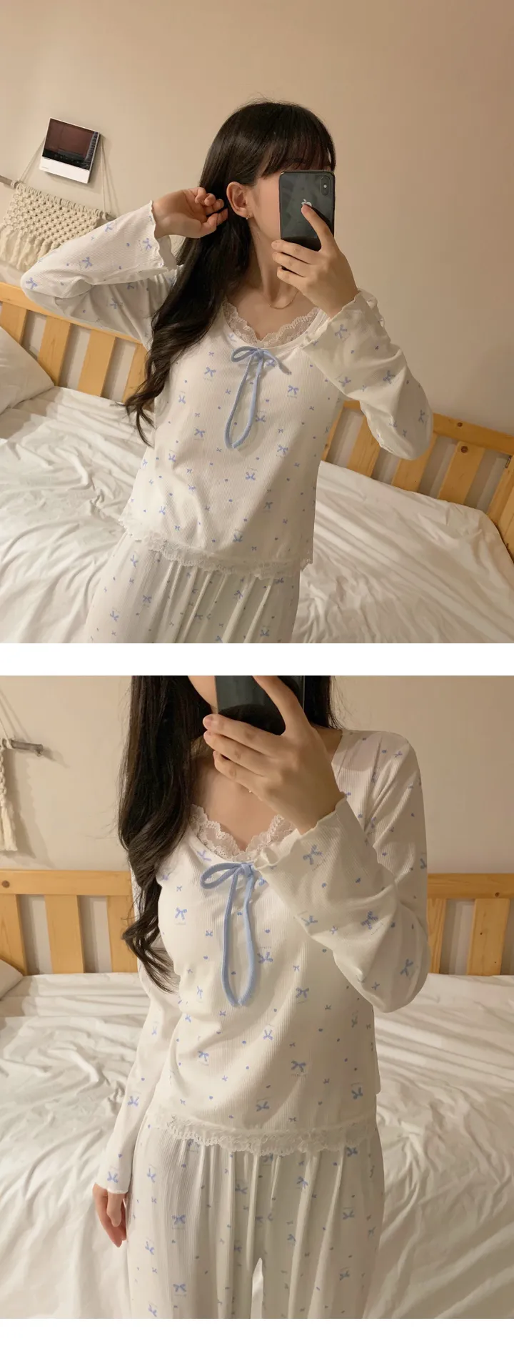 [릴스핫템] 하쿠 리본 브라캡 긴팔 긴바지 잠옷 세트 상세 이미지 2