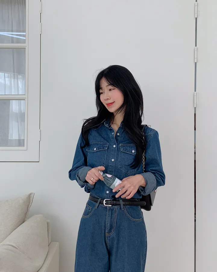 [하이퀄✨데님set] 2컬러/ 데님셔츠+와이드 데님팬츠 투피스 세트 /S.M.L 상세 이미지 11