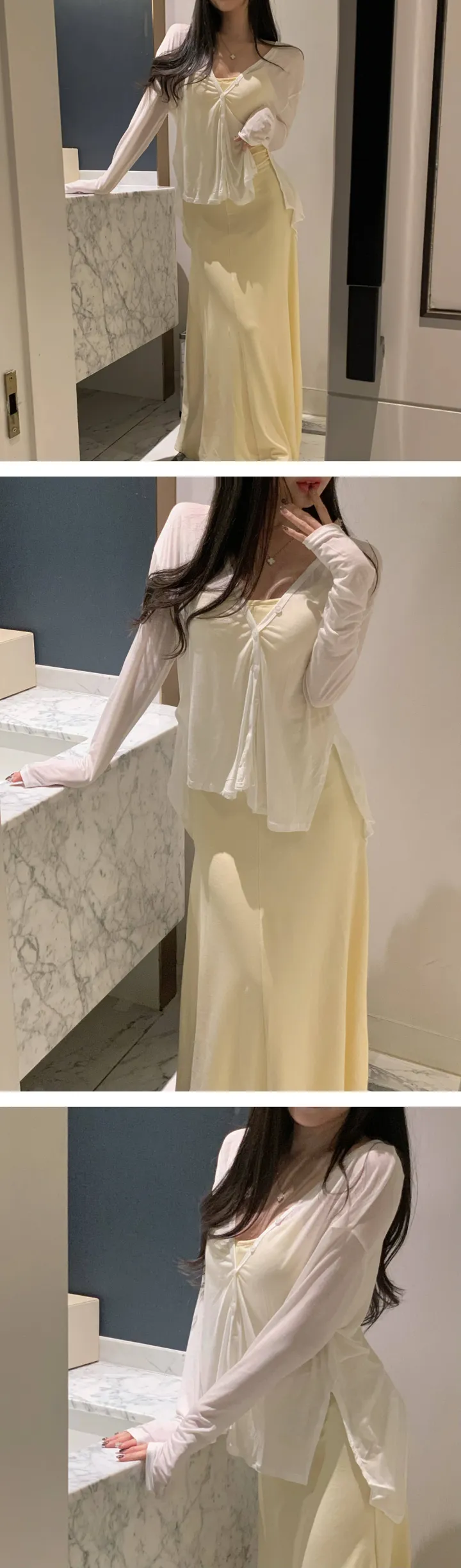 공항SET✈️[원피스+가디건세트] 캡내장⭕ 쫀쫀 스판 셔링 이너 맥시 끈 나시 롱원피스 커버업 여리 리본 백 트임 롱 언발 시스루 가디건 세트 원피스세트 상세 이미지 15