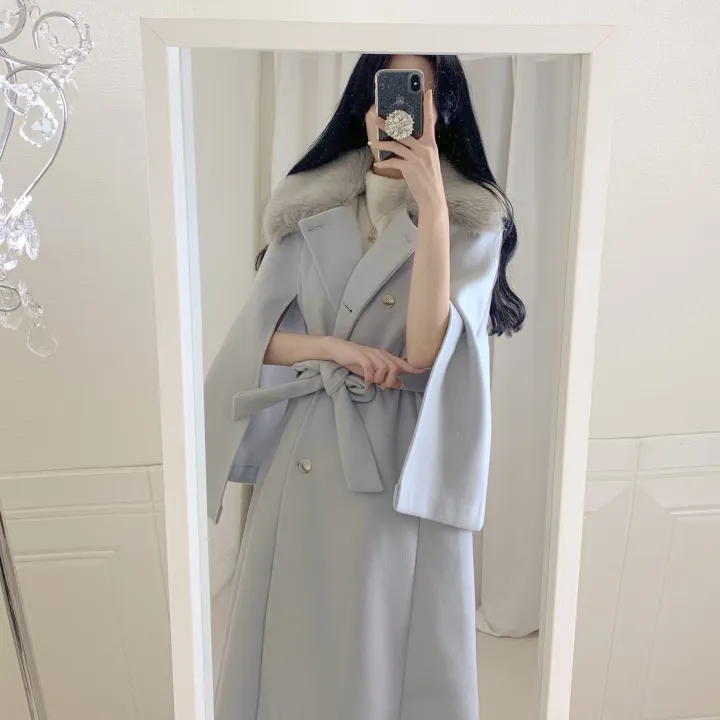 [롱케이프코트💗/고퀄보장✨] 롱VER. 알콩 울 캐시미어 폭스퍼 페이크퍼 밍크퍼 누빔안감 케이프 벨트 버튼 고급 우아 롱 판쵸 코트 망토 자켓 (4color) 연말룩 크리스마스 상세 이미지 32