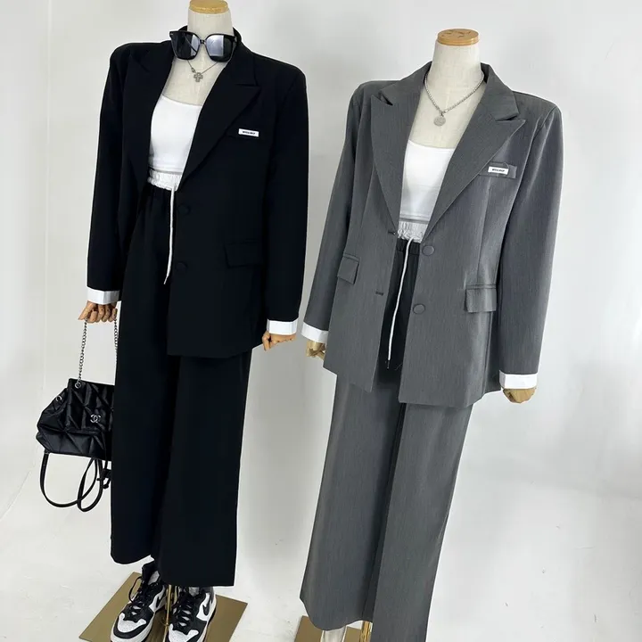 [25SS/*고퀄*/강추코디/하객룩/오피스룩/세트가격💕] 루즈핏 소매 레이어드 배색 미니패치 패드 베이직 자켓 + 하이 배색 밴딩 롱 슬랙스 와이드 팬츠 SET셋업(3COLOR) 상세 이미지 17