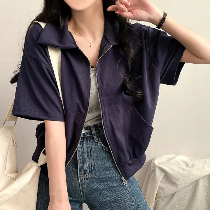 [여름/예쁜데일리!] 볼륨 카라 투웨이 무지 크롭집업 반팔 3color 상세 이미지 15