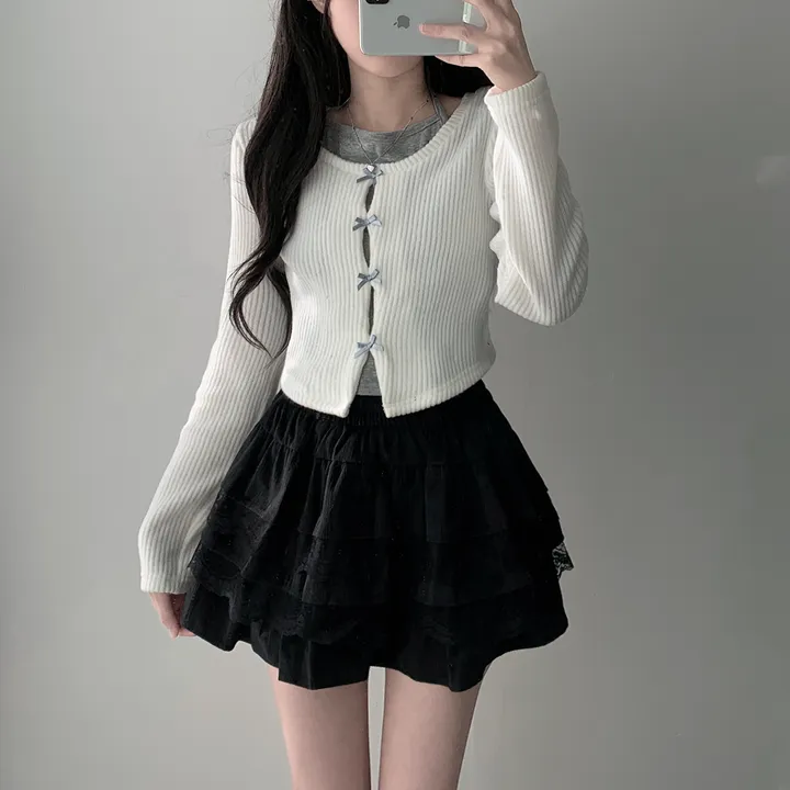*봄가을ver추가* [코디세트/완전귀여운!] 뮤즈 보들 리본 트임 홀터넥 나시 레이어드 일체형 니트 + 슈아 밴딩 골지 레이스 캉캉 스커트 투피스 세트 상세 이미지 5