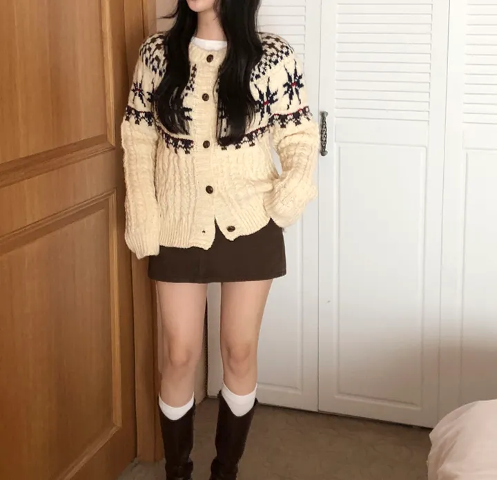 [눈꽃❄]스노우 노르딕 도톰 라운드 니트 긴팔 가디건 2color 상세 이미지 8