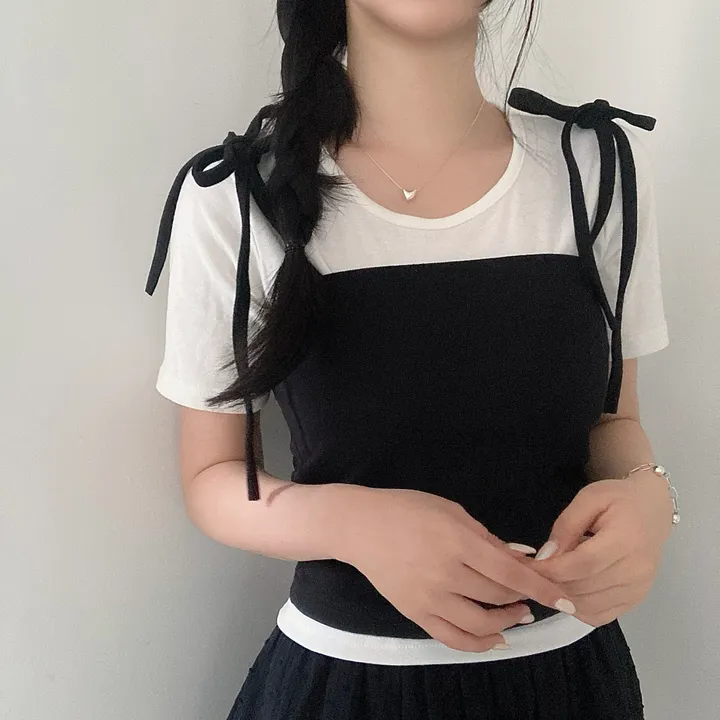*당발🖤세트🖤 러블리 리본 뷔스티에 + 라운드넥 무지 반팔 티셔츠 세트 투피스 3col 상세 이미지 8