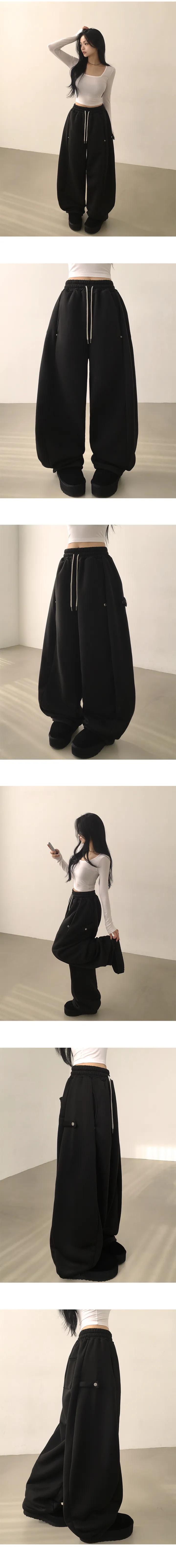 [벌룬핏,도톰기모🤎/핏조절o,기장선택] 조거&와이드 투웨이로 즐기는, 하이웨스트 밴딩 스냅비조 버튼 사이드 핀턱 왕벌룬 조거 와이드 기모 트레이닝팬츠 (6color) 상세 이미지 8
