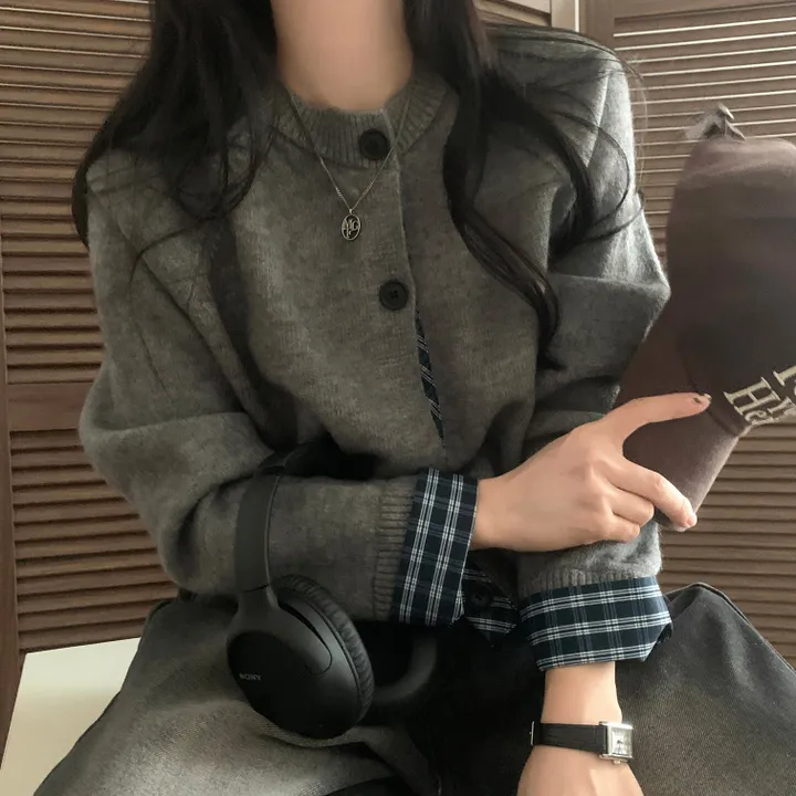 [저렴이X,원단달라요!/긱시크🤍] 버른 체크 레이어드 셔츠 배색 니트 가디건 - 5color 상세 이미지 9