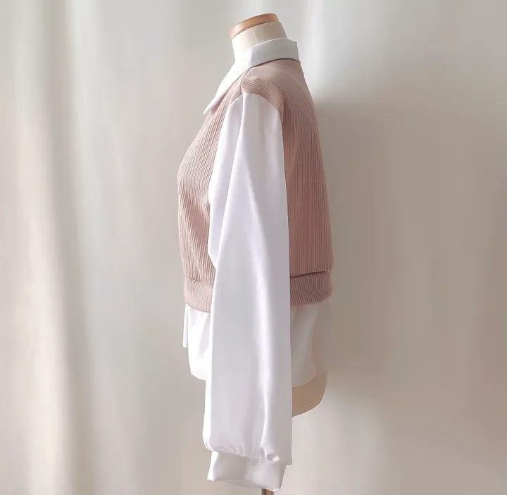 [셔츠+니트 일체형!] 포밍 레이어드 카라 벌룬 배색 니트 블라우스 4color 베이지 핑크 소라 블랙 상세 이미지 46