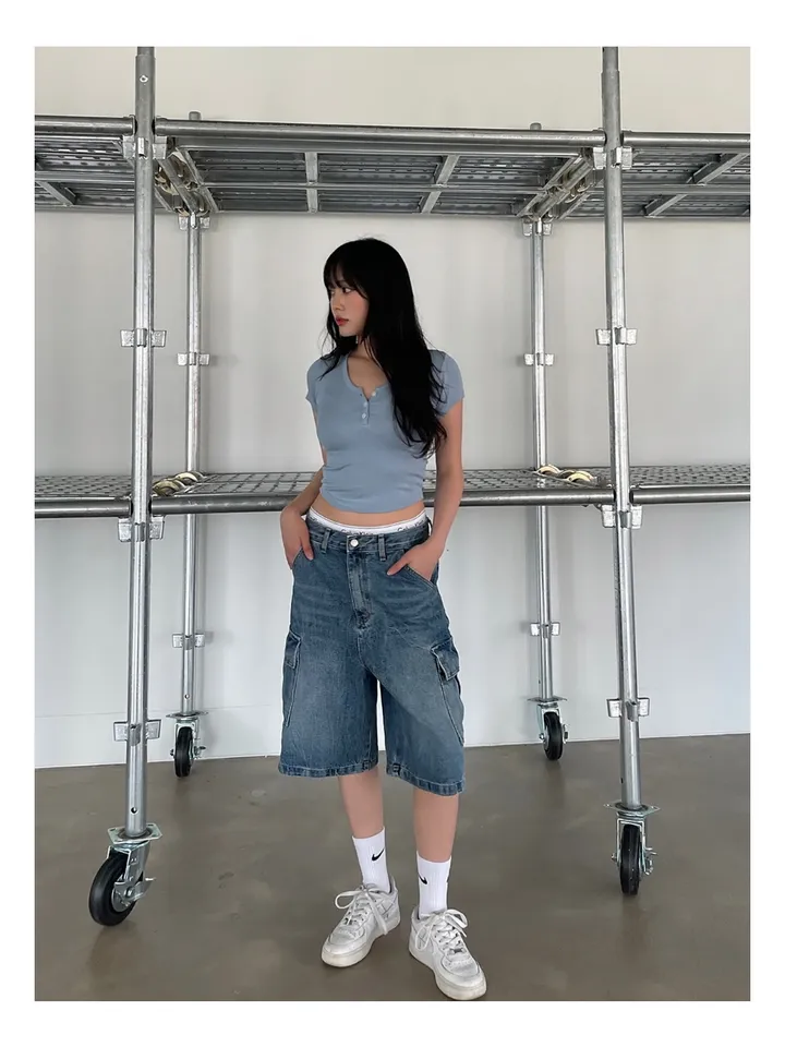 [UNISEX] 카고 데님 청 워싱 버뮤다 반바지 팬츠 (2color) 상세 이미지 19
