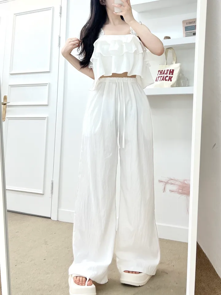 *밴딩짱!*[SET가격] 라피엘 캉캉프릴 밴딩나시 밴딩 와이드팬츠 투피스 세트 (2COLOR) 휴양지룩 여행룩 캉캉투피스 셋업 여름옷 상세 이미지 5