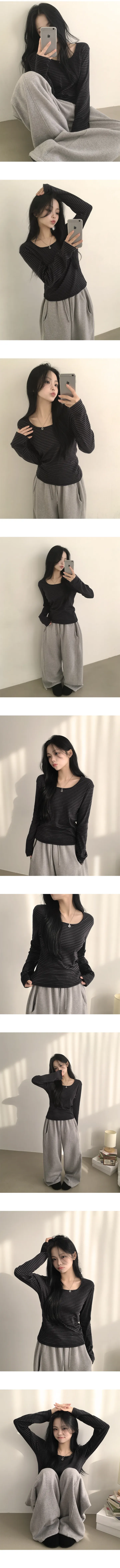 [여리여리~/여유있는말라핏] 팔뚝살 부각없는, 핀터레스트 단가라 스트라이프 스퀘어넥 여리핏 긴팔티셔츠 (4color) 상세 이미지 4